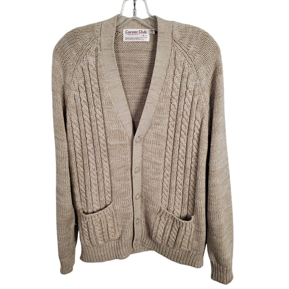 Vintage Career Club Size L Cardigan Grandpa Cable Knit Button Up V neck Pockets - Picture 2 of 9